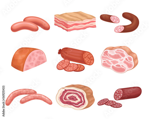 Meat Products with Salami, Bacon and Sausage Vector Set