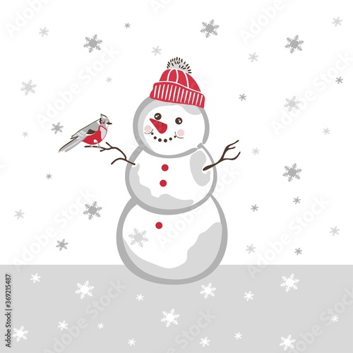 Vector illustration of a snowman in a hat with a bird on his hand branch. Winter illustration on which you can place your text. Banner, concept for Merry Christmas and Happy New Year greetings. © Maryna