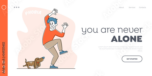 Kynophobia Landing Page Template. Male Character afraid of Dog Protect from Animal on Street Crying and Feeling Stress