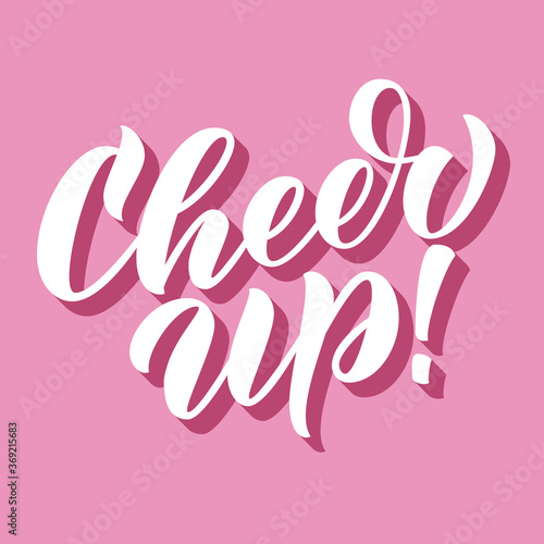 Cheer up! brush hand lettering, script calligraphy with 3d long shadow on pink background. Retro type vector illustration.