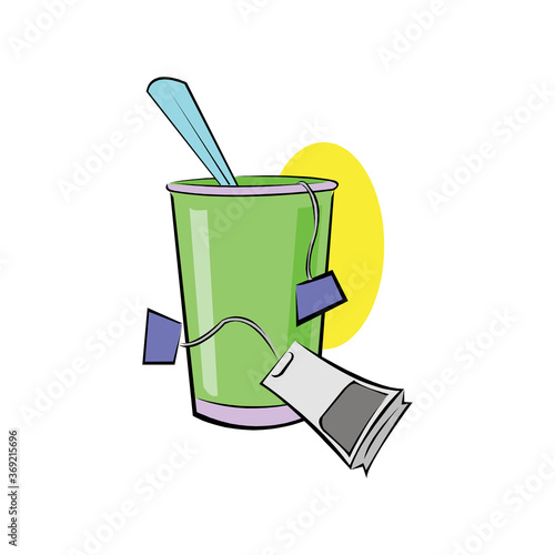 Realistic pyramid teabag dipped into hot water. Black tea swirls in fresh liquid. Sachet brewing in hot beverage flow. Antioxidant healhty drink package vector design.