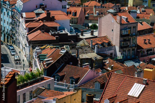 Panoramic view of historical buildings in the downtown area of Lisbon, the hilly coastal capital city of Portugal and one of the oldest cities in Europe
 #369215830