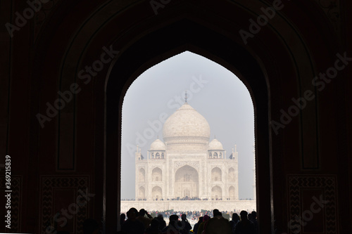 Agra, Uttar Pradesh, India, January 2020, Front view of Taj Mahal, from Great Gate