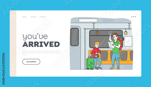 Passengers in Underground Ride Urban Public Transport Metro Landing Page Template. People Going by Subway Train