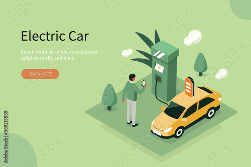 Man Charging Electric Car Battery at Electric Recharge Station. New Alternative Energy Vehicle. Futuristic Transport, Green Energy, Eco City Concept. Flat Isometric Vector Illustration.