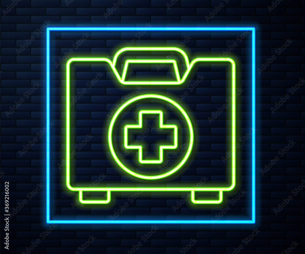 Glowing neon line First aid kit icon isolated on brick wall background. Medical box with cross. Medical equipment for emergency. Healthcare concept. Vector Illustration. Glowing neon line First aid kit icon isolated on brick wall background. Medical box with cross. Medical equipment for emergency. Healthcare concept. Vector Illustration.