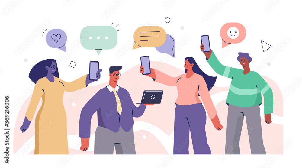 Young People Chatting on Smartphones. Happy Boys and Girls Communicating Together and Messaging in Social Media. Female and Male Modern Characters collection. Flat Cartoon Vector Illustration.