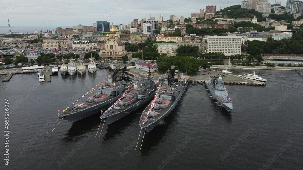 Russian naval ships on anchor in Vladivostok
