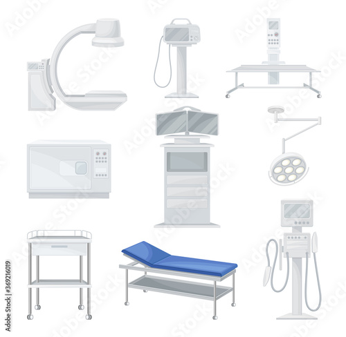 Diagnostic Medical Equipment with Surgical Table and Patient Monitor Vector Set