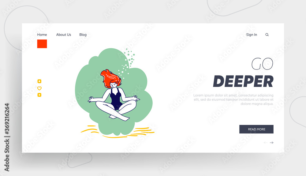 Relaxed Girl Meditating on Lotus Posture on Ocean Bottom Landing Page Template. Young Female Character Underwater Yoga