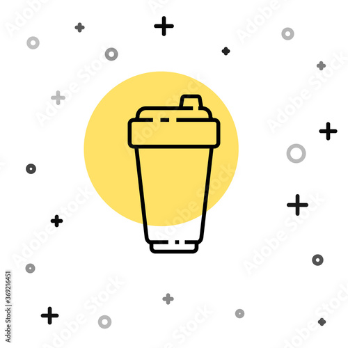 Black line Fitness shaker icon isolated on white background. Sports shaker bottle with lid for water and protein cocktails. Random dynamic shapes. Vector Illustration.