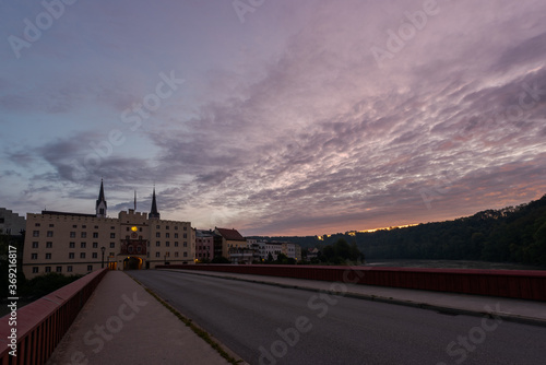 Blick von Roter Brücke auf Wasserburg am Inn bei Sonnenaufgang photo