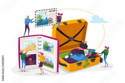 People After Vacation Spare Time. Tiny Characters Men and Women Watching Photo Album, Take Out d Souvenirs from Suitcase