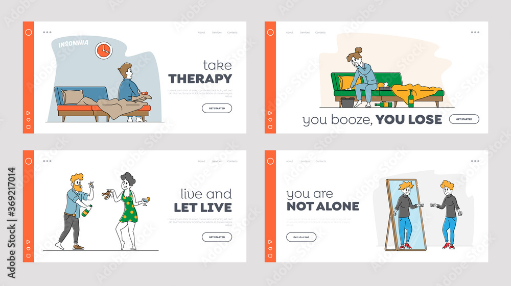 Neurological and Emotional Psychological Sickness Landing Page Template Set. Characters with Mental Problems, Disorder