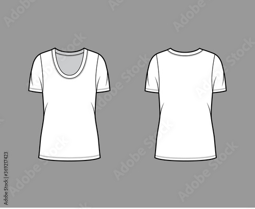 Scoop neck jersey t-shirt technical fashion illustration with short sleeves, oversized body, tunic length. Flat apparel template front back, white color. Women, men, unisex outfit top CAD mockup