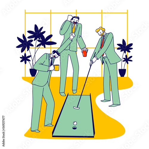 Businessmen Characters Playing Mini Golf in Office during Coffee Break or Negotiation. Business People Discussing Deals