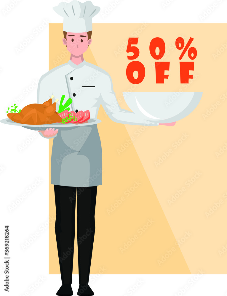 Illustration of chef holding discount meals on his hand Illustration of chef holding discount meals on his hand