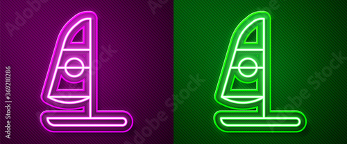 Glowing neon line Windsurfing icon isolated on purple and green background. Vector Illustration.