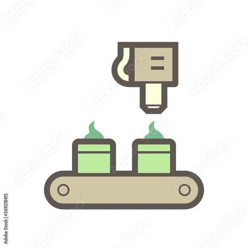Icing tips with cream on production line in food processing industry vector icon design on white background.