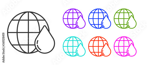 Black line Earth planet in water drop icon isolated on white background. World globe. Saving water and world environmental protection. Set icons colorful. Vector Illustration.