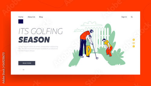 Father Teaching Children Playing Golf Landing Page Template. Happy Family Characters Dad with Sons Play at House Yard