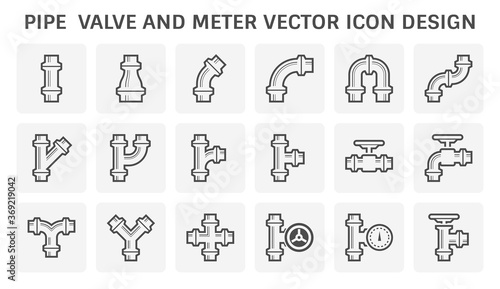 Pipe icon and flange fitting. Include control valve and pressure gauge. For pipeline construction and transportation liquid or gas i.e. oil, natural gas. Also for sewage, plumbing and irrigation.