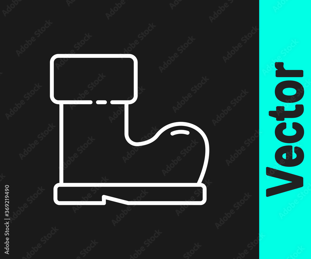 White line Waterproof rubber boot icon isolated on black background. Gumboots for rainy weather, fishing, gardening. Vector Illustration. White line Waterproof rubber boot icon isolated on black background. Gumboots for rainy weather, fishing, gardening. Vector Illustration.