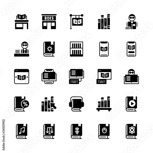 Set of bookstore, book sale, sale book glyph style icon - vector