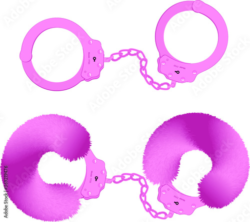 Pink Furry Handcuffs. Fun handcuffs with furry cover. Fluffy handcuffs. Pink handcuffs.  Vector illustration.