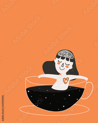 Hand drawn woman sitting in coffee cup.