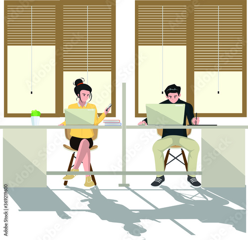 Man and woman are keeping their distance while working in the office during new normal