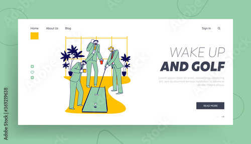 Businessmen Characters Playing Mini Golf in Office on Coffee Break Landing Page Template. Business People Discuss Deals
