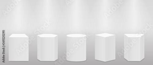 3d pedestal or podium mockup in pillar shapes. Set of empty stage or pedestal mockups isolated on white background. Podium or platform for award ceremony and product presentation
