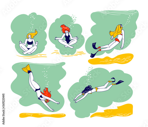 Women Freediving Hobby. Snorkeling Female Characters Underwater Activities, Free Diving, Swimming with Mask and Flippers