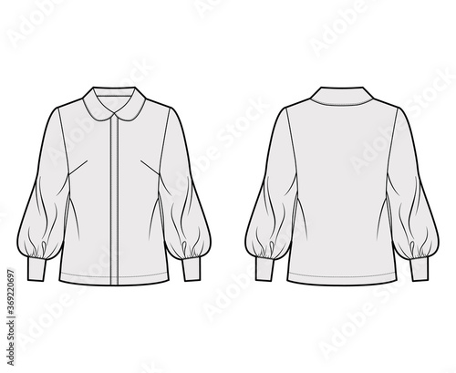 Long bishop sleeve shirt technical fashion illustration with round collar, front button-fastening, loose silhouette. Flat blouse apparel template front back grey color. Women men unisex top CAD mockup