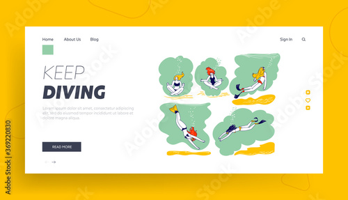 Freediving Landing Page Template. Female Characters Underwater Activities, Free Diving, Swimming with Mask and Flippers