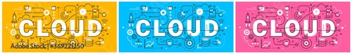 Vector set of abstract technology illustration of white word cloud and connected business icon on different color background with line and cloud.