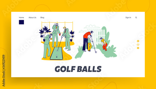 Golf in Office Landing Page Template. Respectable Men in Business Suit Playing with Colleagues. Father and Children Play
