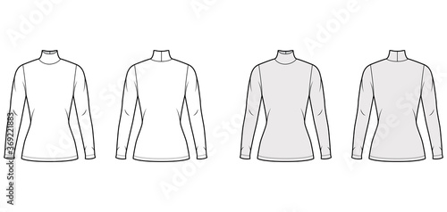 Turtleneck jersey sweater technical fashion illustration with long sleeves, close-fitting shape tunic length. Flat outwear apparel template front back white grey color. Women men unisex shirt top CAD