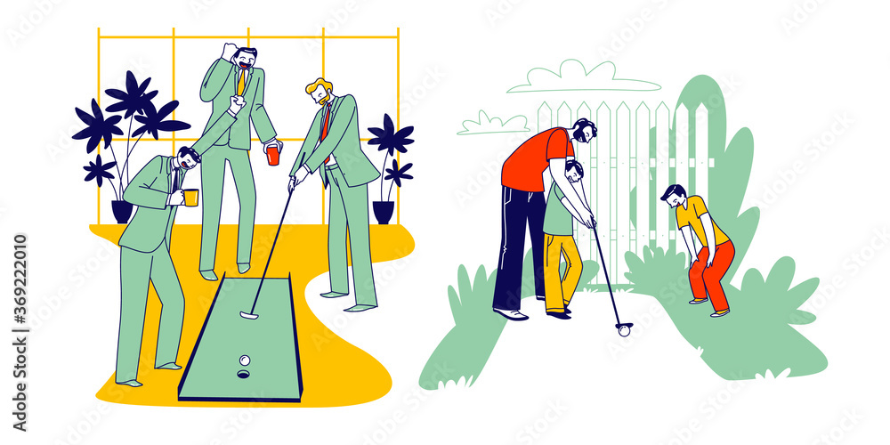 Men in Business Suit Playing Mini Golf in Office with Colleagues or Assistants. Family Characters Father with Children Men in Business Suit Playing Mini Golf in Office with Colleagues or Assistants. Family Characters Father with Children