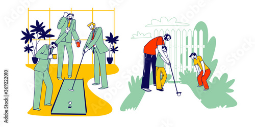 Men in Business Suit Playing Mini Golf in Office with Colleagues or Assistants. Family Characters Father with Children
