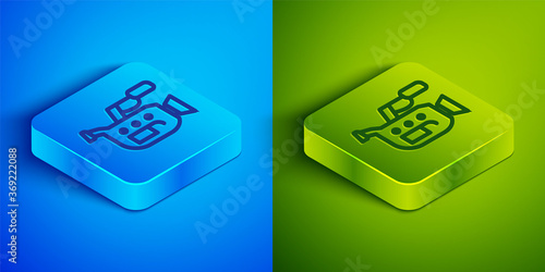 Isometric line Cinema camera icon isolated on blue and green background. Video camera. Movie sign. Film projector. Square button. Vector Illustration.