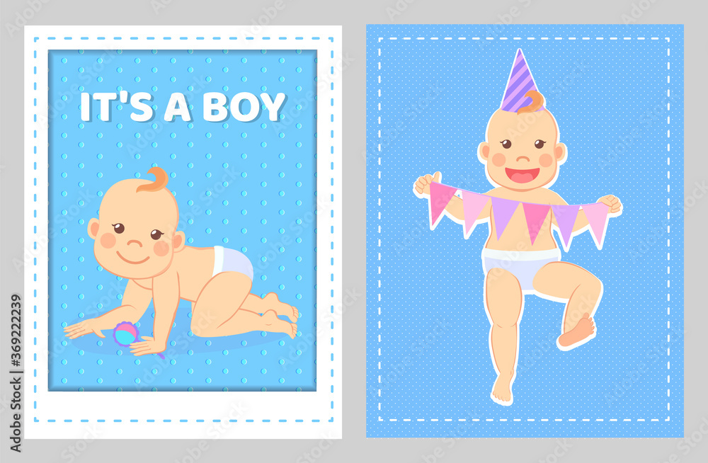 Its a boy greeting card, toddler with rattle, 6 month or first year holiday greeting card. Vector infant in cone shape hand and with color paper garland Its a boy greeting card, toddler with rattle, 6 month or first year holiday greeting card. Vector infant in cone shape hand and with color paper garland