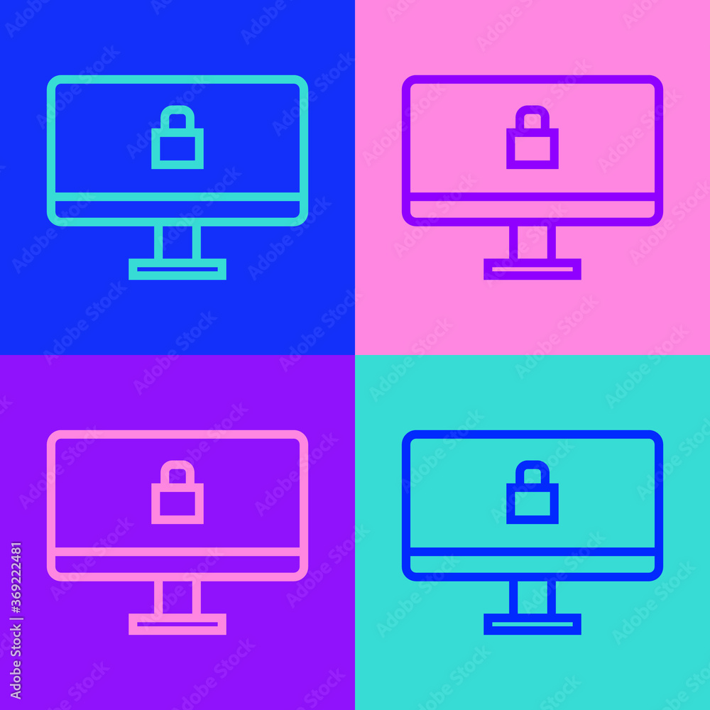Pop art line Lock on computer monitor screen icon isolated on color background. Security, safety, protection concept. Safe internetwork. Vector Illustration. Pop art line Lock on computer monitor screen icon isolated on color background. Security, safety, protection concept. Safe internetwork. Vector Illustration.