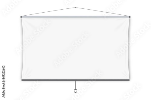 Projection screen. Isolated blank white hanging projection screen display. Vector education, visual presentation, business conference concept