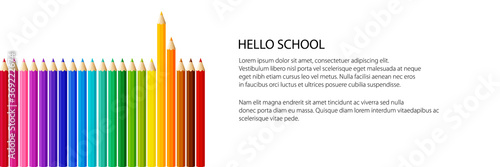 Pencils in a row banner, orange and yellow pencils above, rainbow pencils on white background, vector illustration