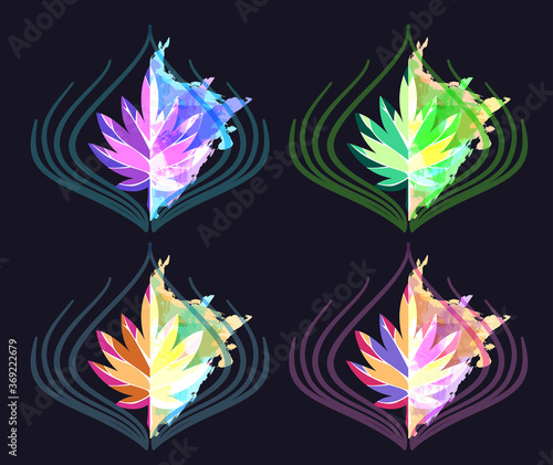 multi-colored silhouette of abstract tropical leaves on a bright watercolor background Perfect for logos, banners, postcards, stickers, and covers. EPS 10
