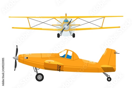 Light aircrafts set. Isolated biplane and monoplane aircraft with wings, engine and propeller front and side view icons. Vector light aviation flight collection