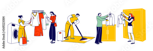 Characters Use Steamer Iron for Clothes Cleaning. Laundry Staff Steam off Garment on Hanger, Man Clean Rag in Hotel