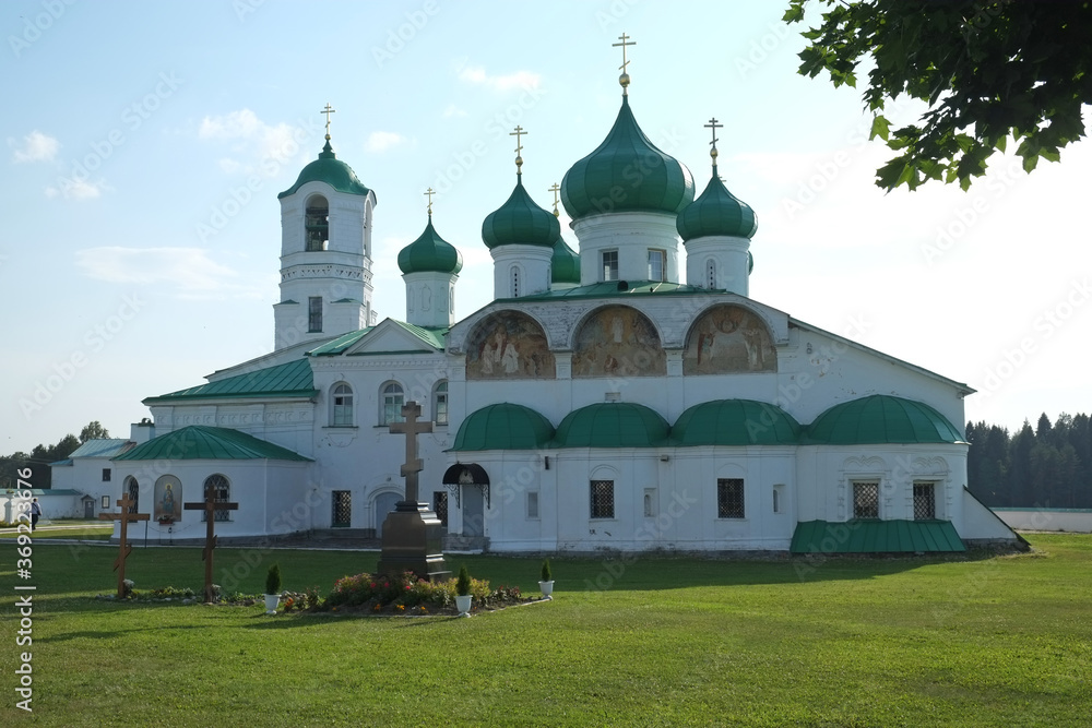 Holy Trinity Alexander Svirsky monastery (1641), Preobrazhensky Cathedral (1644) and bell tower (1904). Leningrad region (2014).